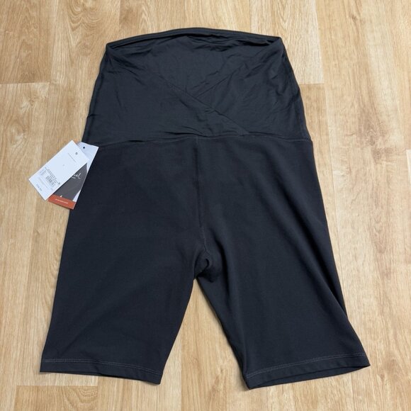ISABEL MATERNITY BIKER SHORTS CROSSOVER PANEL BLACK SIZE L 8" INSEAM NEW STRETCH - Picture 2 of 6